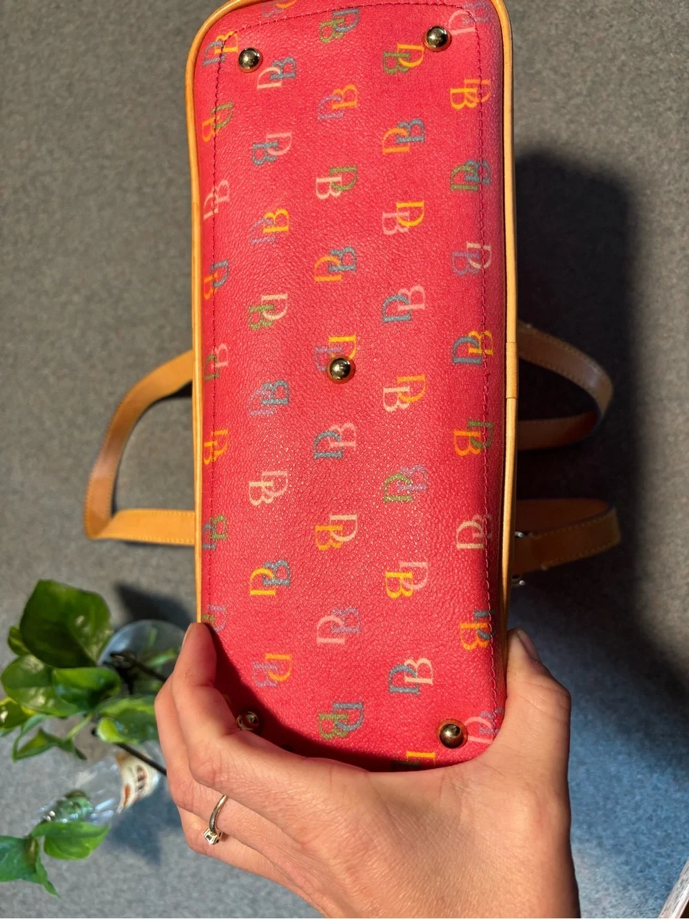Vintage pink Dooney & Bourke Logo Tote with Tan Leather Accents with wallet